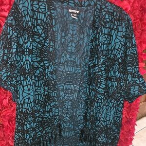 Hot Topic Teal and Black Velvet Fringe Geometric Kimono Size Large